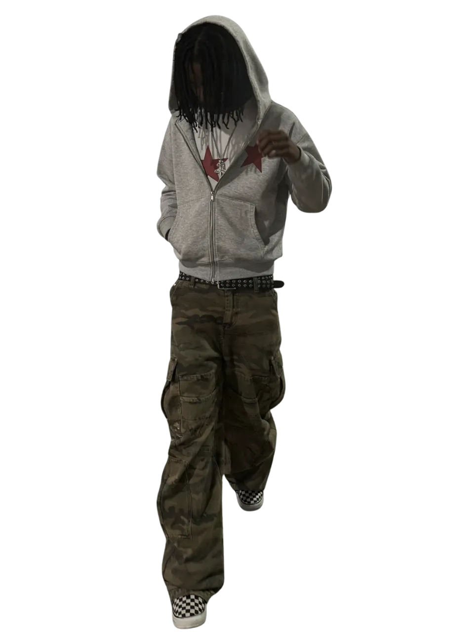 Model in a grey hooded sweatshirt and wide cargo trousers with checkered sneakers