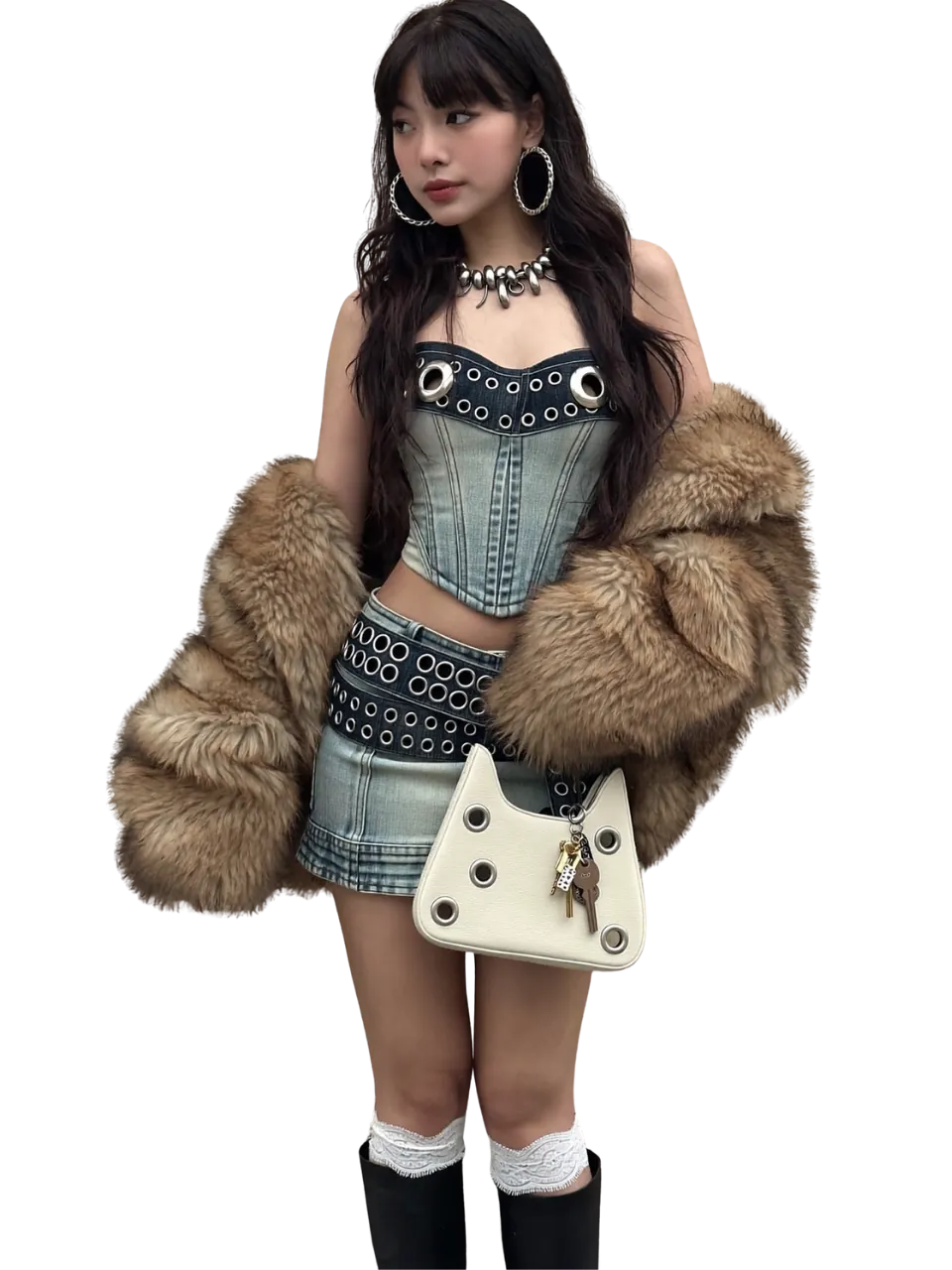 Model in a fur-trimmed coat, corset and printed mini skirt with a shoulder bag
